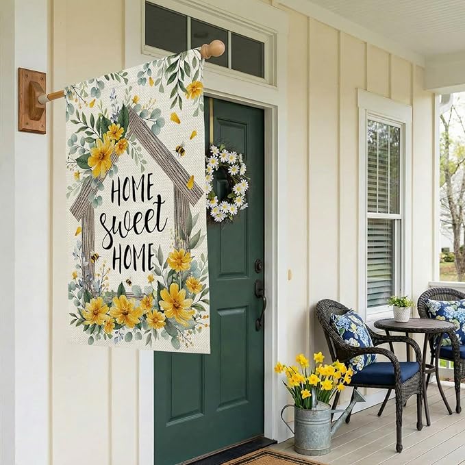 CROWNED BEAUTY Spring Home Sweet Home House Flag Eucalyptus Yellow Wildflowers Double Sided 28x40 Inches Large Burlap Welcome Holiday Seasonal Yard Decoration for Outside Porch