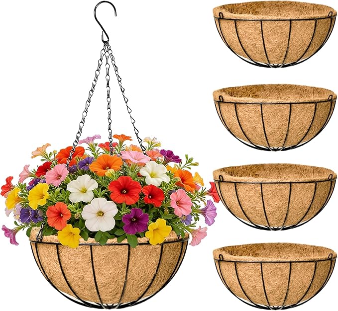 EIMQUVW 4 Pack Black Metal Round Hanging Basket 12 Inch Decorative Outdoor Coconut Fiber Planter with Chain Classic Hanging Flower Pots are Ideal for Gardens Patios Porches and Vertical Planting