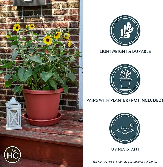 The HC Companies 14 Inch Round Plastic Classic Plant Saucer - Indoor Outdoor Plant Trays for Pots - 14"x14"x2.5" Chocolate