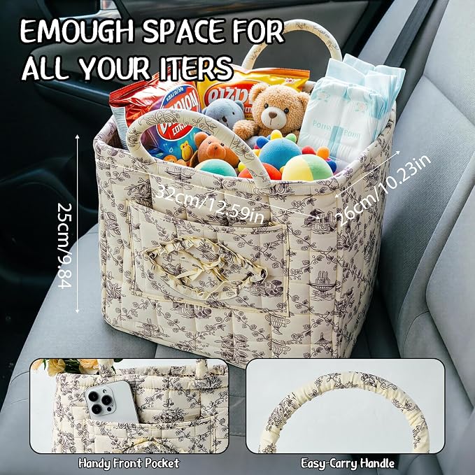 Quilted Fabric Car Storage Basket with Handles & Pocket, Foldable Laundry Hamper Boho Floral Print Organizer Bin for Home, Picnic, Office Nursery Cloth Toy 12"x10"x10" (Style D)
