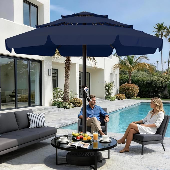 AreShark 12FT 3-Tiers Patio Umbrella with Valance, Outdoor with Crank, Large Outdoor Market Umbrellas Vented with 8 Sturdy Ribs, Patio Table Umbrellas for Garden, Deck, Backyard, Pool, Navy