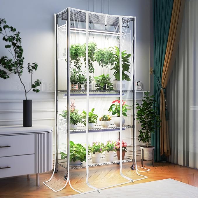 Barrina CX3Z Indoor Greenhouse with Grow Light 4-Tier 108W 35.4x13.8x70.9IN | 3PCS 3FT 5000K Plant Growing Lamps, Adjustable Metal Plant Stand, Zippered EVA Cover, Wheels, Timer, for Seed Starting