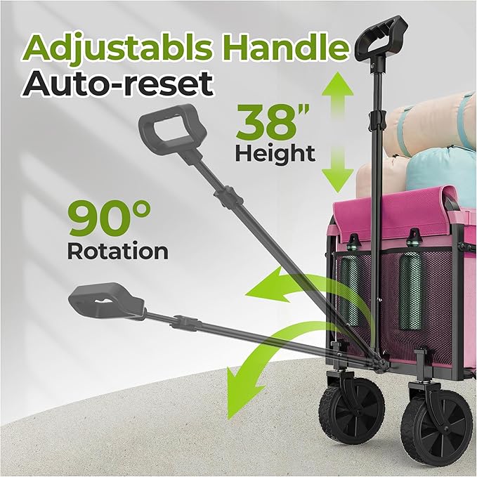 Pink Collapsible Wagon Cart, Lightweight Folding Utility Cart with Wheels, 220lbs Capacity Portable Grocery Cart for Sporting Events, Garden, Shopping (Pink)