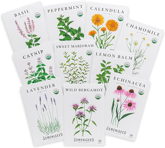 Sereniseed Certified Organic Herbal Tea Seed Collection (10-Pack) – 100% Non GMO, Open Pollinated – Grow Guide