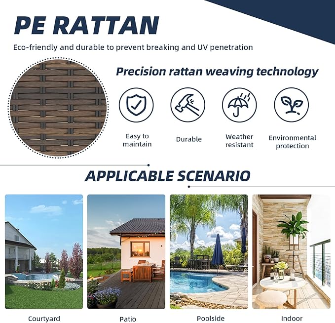 MELLCOM 3 Pieces Patio Furniture Set, Outdoor Swivel Rocker Patio Chairs, Wicker Patio Bistro Set with Rocking Chair, Thickened Cushions and Glass Coffee Table for Backyard, Garden, Navy Blue