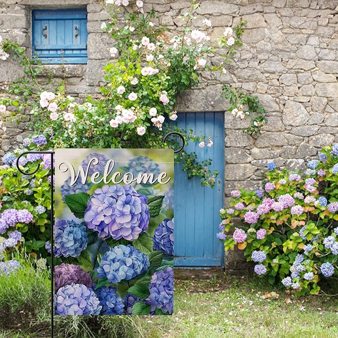 Hzppyz Welcome Spring Floral Flowers Garden Flag Double Sided, Hydrangea Decorative Yard Outdoor Home Small Decor, Summer Farmhouse Burlap Outside House Decoration 12 x 18