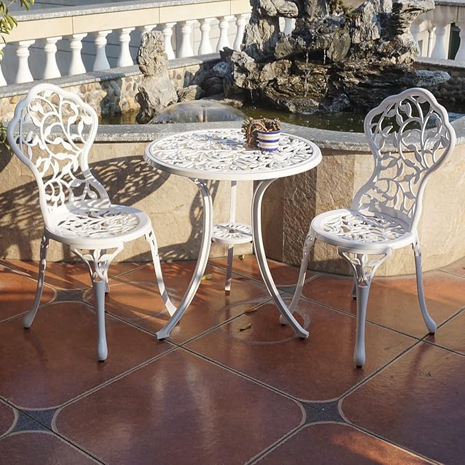 KAILI Patio Bistro Sets 3 Piece cast Aluminum Patio Furniture Outdoor Garden Metal Rust Proof Tables and Chairs White bisrto Set (Leaf-White)
