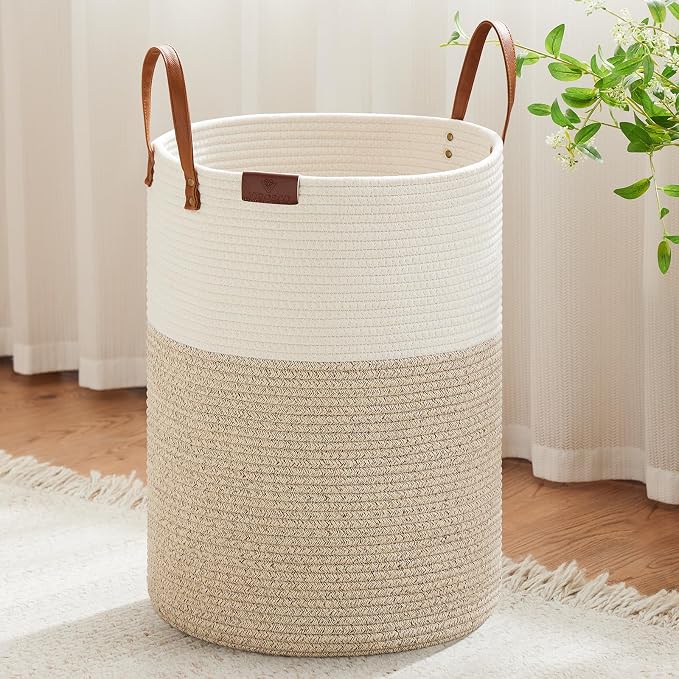 VIPOSCO 100L Tall Woven Rope Laundry Hamper, Leather Handles, White & Brown | Large Wicker Laundry Basket for Dirty Clothes, Blanket, Toy, Towel, Yoga Mat, Storage Bin in Bedroom, Bathroom, Living Room