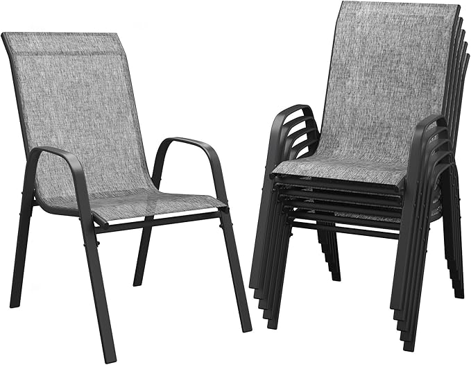 DIFY Patio Chairs Set of 6, Stackable Outdoor Dining Chairs Set with Breathable Textilene High Back and All-Weather Metal Frame for Garden, Backyard, Deck, Grey