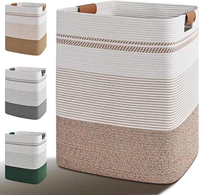 Laundry Hamper, 95L Tall Laundry Basket with Leather Handles, Rectangle Large Clothes Hamper for Organizing, Cotton Woven Laundry Baskets Storage Hampers for Bedroom, Nursery, Living Room