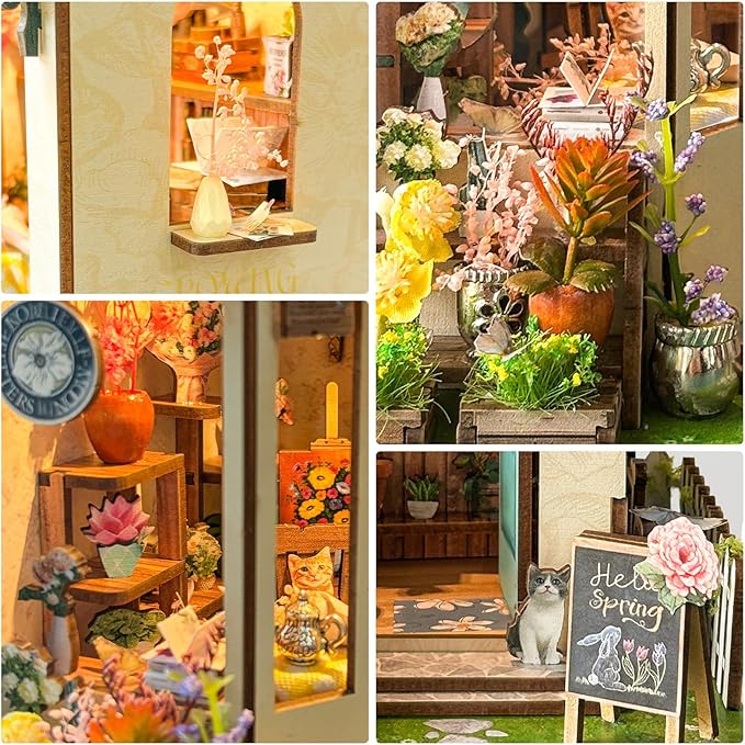 Book Nook Kit - DIY Miniature House Kit for Adults, Teens & Beginners, Spring Flower Shop Dollhouse Booknook Tiny House Bookshelf Decor 3D Wooden Puzzle, Gifts for Family, Friends