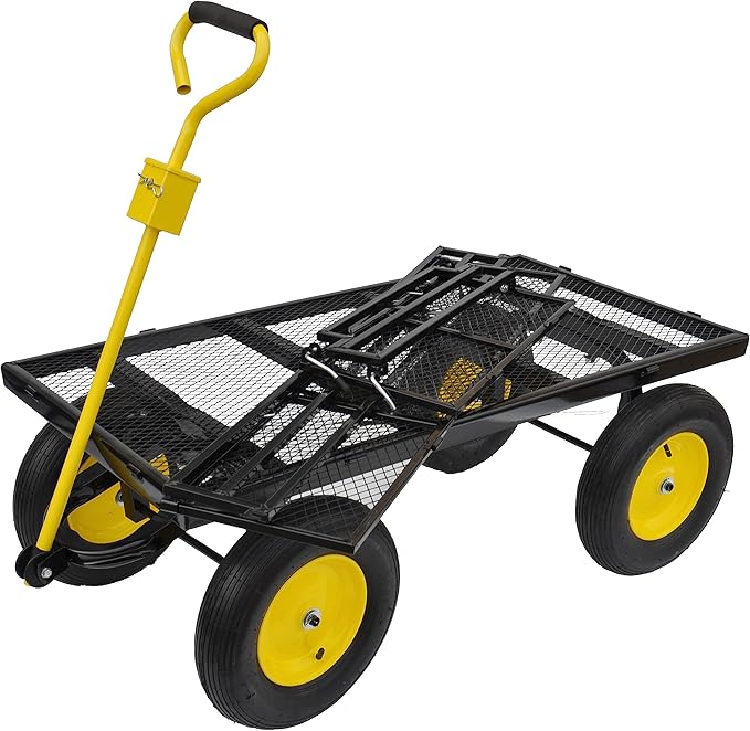 Steel Garden Cart 1100 lbs Capacity Heavy Duty Garden Wagons,with Removable Steel Mesh Sides to Convert into Flatbed,Utility Metal Wagon w/ 180°Rotating Handle (Big-Double-Layer-Pneumatic)