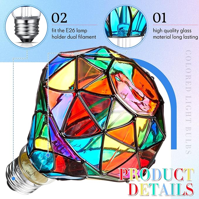 Baquler 1 Pcs Stained Glass LED Light Bulb Diamond Shape E26 Base A60 6 Watts G95 Shape Colorful Flickering Light Bulbs for Christmas, Home Balcony Garden Party Decoration (Retro)
