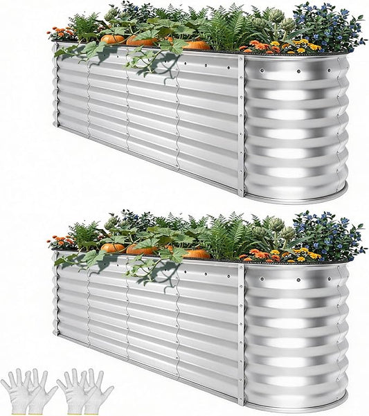 YITAHOME 8x2x2ft Large Raised Garden Bed Kit, 24" Tall 9 in 1 Galvanized Metal Planter Box with Gloves and Safety Rubber, Outdoor Above Ground Planters for Plants Vegetables Flowers, Silver