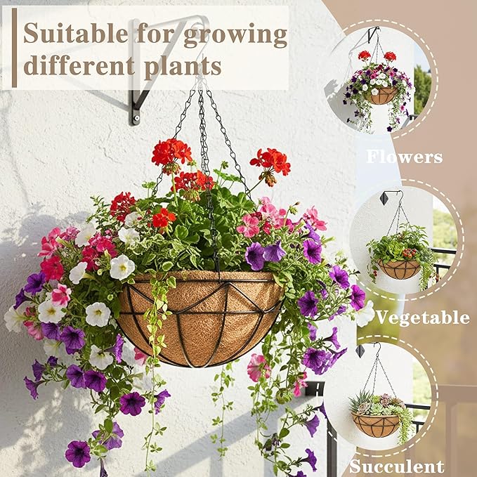 EIMQUVW 4 Pack Hanging Planters with Coconut Liner Metal Outdoor Hanging Baskets with Chains 12 Inch Durable Wire Flower Pots for Porch Garden Spring Summer Decor