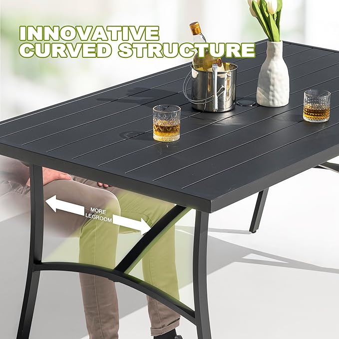 NUU GARDEN 63" Aluminum Slat Top Outdoor Patio Dining Table, 6-8 Person Rectangle Aluminum Bistro Table with 1.97" Umbrella Hole, Powder Coated Frame Dining Tables for Backyard Garden, Black