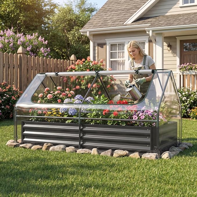 HAPPYGRILL Raised Garden Bed with Cover, Planter Boxes Outdoor w/Mini Greenhouse, 2 Roll-up Windows & Open-Ended Base, Metal Growing Raised Bed for Vegetables (Black, 72” x 36” x 37”)