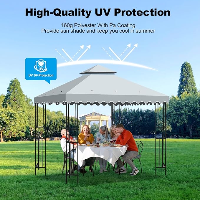 10x10 Double Tiered Gazebo Replacement Canopy, Upgraded 300D Polyester Heavy Duty Canopy Cover Top with Air Vent, Waterproof Gazebo Cover Roof for Outdoor Patio Garden(Grey, Wavy Edge)