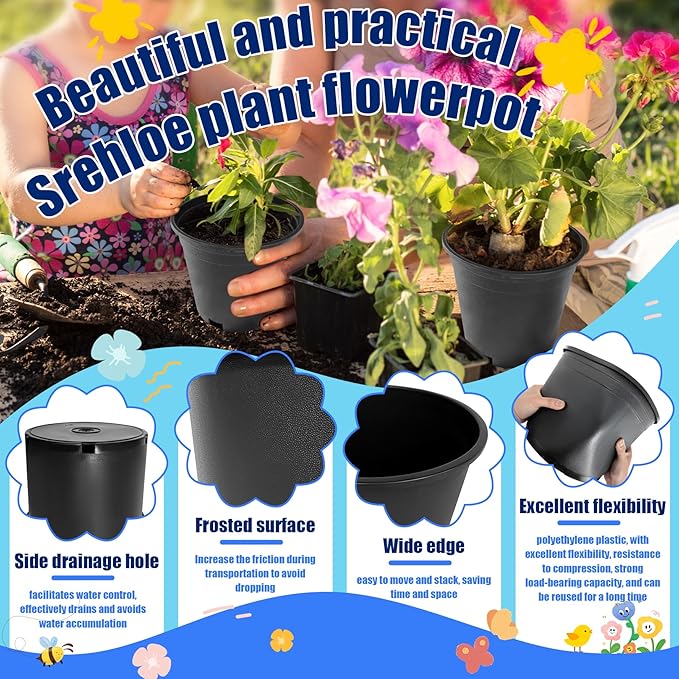 10Pcs 7 Gallon 14 inch Plant Nursery Pot Flower Seedling Injection Molded Container Plastic Garden Planter Pots with Drainage Holes Suitable for Vegetables Flowers Plants Black