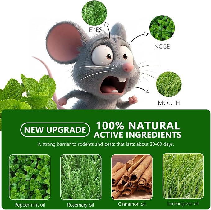 24 Pack Mouse Rodent Repellent, Peppermint Lemon Oil Mice Repellent for Squirrel Rats Spider Pests, Natural Deterrent for Kitchen, Warehouse, Car, Indoor, Outdoor, Safe for Pets Family