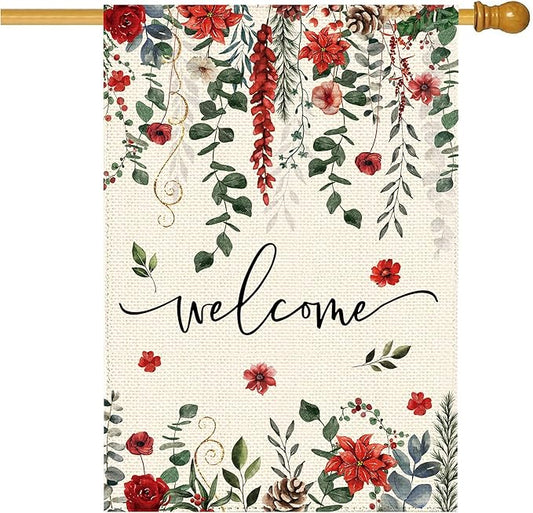 Winter Red Poinsettia Welcome Garden Flag 28x40 Inch Double Sided, Xmas Berry Burlap Large Yard Flag Winter Floral Farmhouse Flags Seasonal Patio Outdoor Outside Decoration