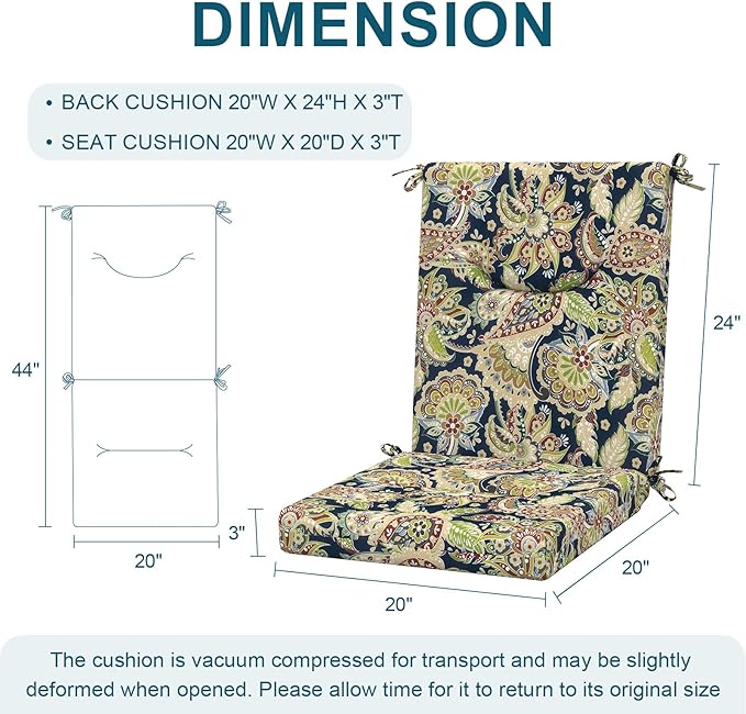 DYTXIII Outdoor High Back Chair Cushions Set of 2, 44x20 In Water Repellent Patio Seat Cushions with Elastic Sponge, All Weather Cushions for Rocking, Dining Chairs, Patio Furniture - Paisley Sapphire