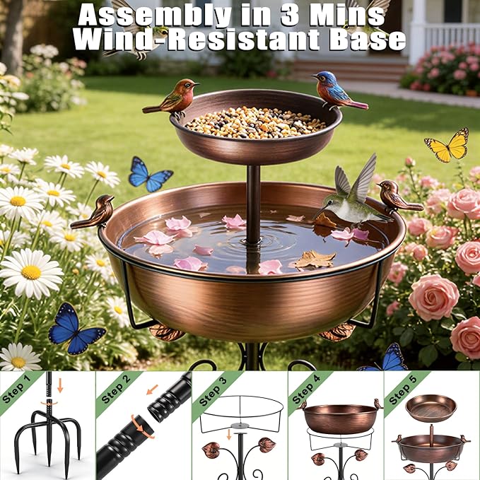 1.5 Gallon Lower Basin, 2 Tier Metal Bird Bath for Outside, 46.65 Inch Vintage Freestanding Bird Bath with Upgraded 5-Pronged Base, 2 in 1 Bird Bathing & Bird Feeding, Garden Patio Yard Lawn Decor