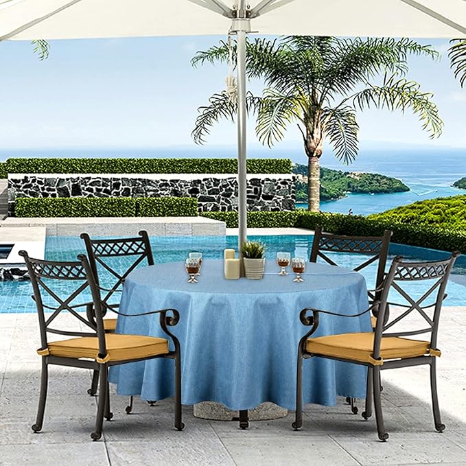 Outdoor Tablecloth Wrinkle-Free Stain Resistant Waterproof Polyester Fabric Table Cover with Zipper Umbrella Hole for Picnic/Party/Dinner/Patio Garden(60inch Round,Zippered,Water Blue)