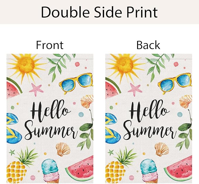 Hello Summer House Flag 28x40 Inch Double Sided for Outside, Burlap Colorful Sun Ice Cream Fruits Beach Sign Yard Outdoor Decoration