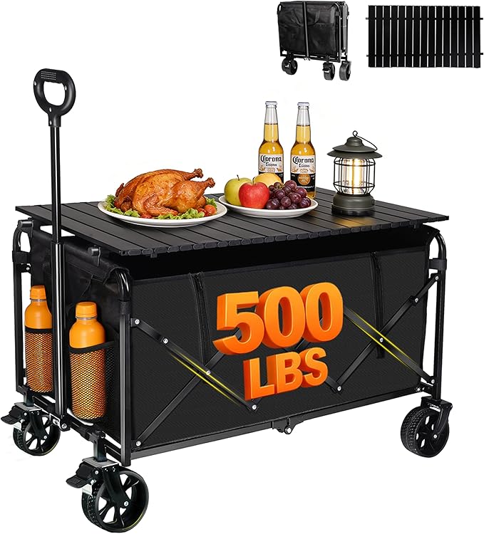 500LBS Collapsible Foldable Wagon Cart - 230L Large Wagons with Table, Heavy Duty Portable Utility Folding Cart with 360° Swivel Brakes Wheels & 2 Cup Holders, for Shopping Camping Beach Garden & Fish