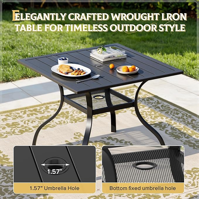Oakcloud 37" x 37" Patio Dining Table, Outdoor Metal Square Table Patio Furniture Classic Black Table with 1.57" Umbrella Hole, for Garden Backyard Poolside Deck