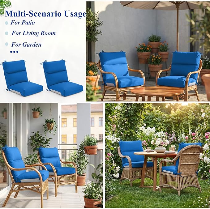 Geelin 4 Pack Outdoor/Indoor High-Back Chair Cushions 44×21 in, Stuffed Tufted Replacement Patio Chair Cushions with Ties Weather Resistant Pads for Patio Furniture (Blue)