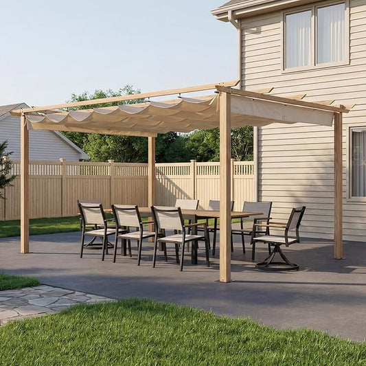 10' X 13' Outdoor Pergola with Retractable Canopy, Wood-Grain Aluminum Outdoor Retractable Pergola Canopy with Sun Shade Shelter, Modern Yard Grape Trellis Pergola for Deck Garden Lawn, Beige