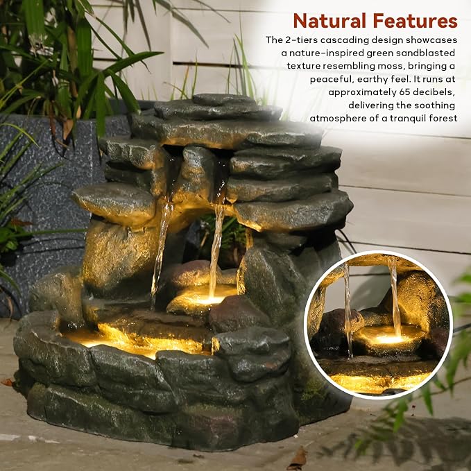 Bumilgar 15.6" H Small Garden Outdoor Rock Water Fountain with LED Lights, 3-Tier Cascading Waterfall Fountain for Patio, Porch, Backyard & Indoor Home Decor