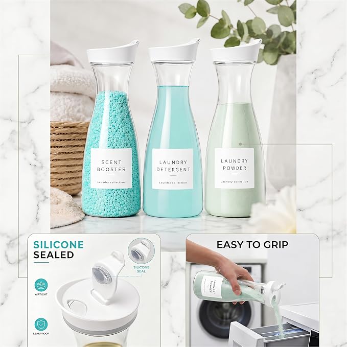 Laundry Room Organization Set, 3 Laundry Containers, 3 detergent dispenser | 3 liquid laundry detergent dispensers, 2 laundry pods containers, 1 dryer sheet holder, with wood lids, labels and scoops