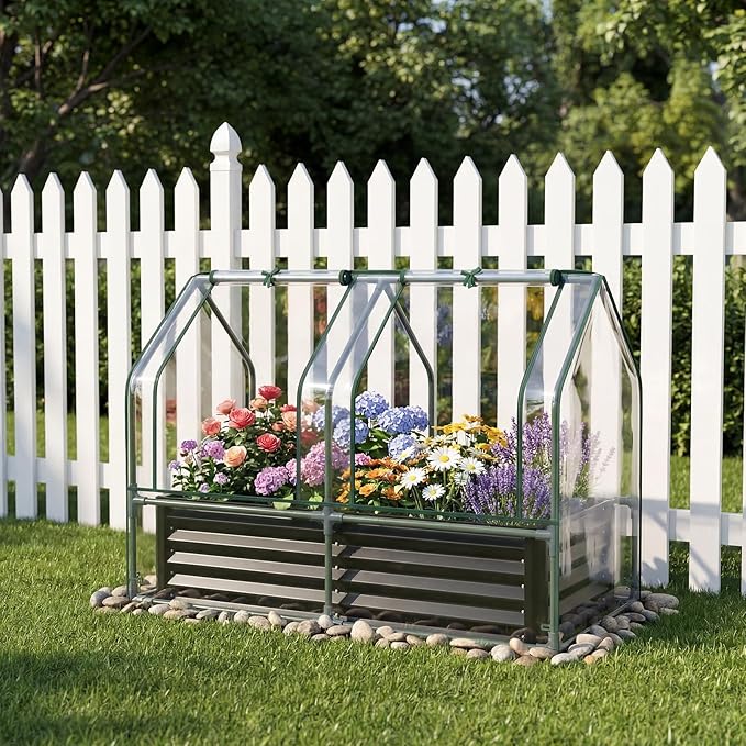 HAPPYGRILL 4 x 2 x 3 FT Galvanized Raised Garden Bed with Cover, Metal Elevated Planter Box with Dual Roll-up Windows for Vegetables Herbs Flowers, Mini Greenhouse for Outdoor Patio Balcony (Black)