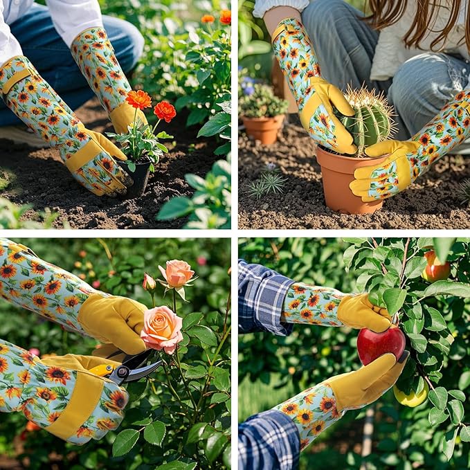 Trifabricy Gardening Gloves for Women, Leather Long Garden Gloves with Grip, Thorn-Proof Puncture-Resistant Work Gloves