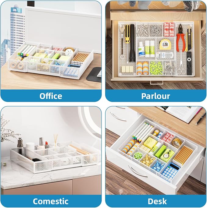 Marbrasse Expandable Desk Drawer Organizer, Mesh Drawer Organizer Tray with 10 Adjustable Compartments, Desk Organizers and Accessories for Office Supplies, Makeup & Vanity (Expandable White-2 pack)