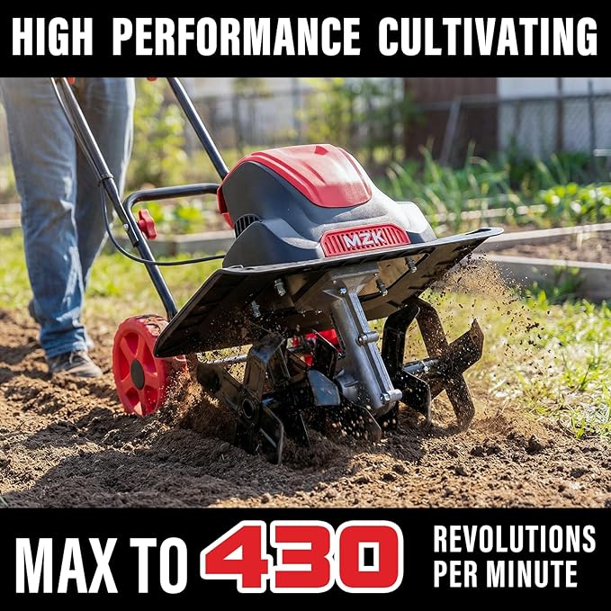 MZK 16-Inch 13.5-Amp Corded Electric Tiller/Cultivator, 8-inch tillling Depth with Adjustable Wheels, Foldable Electric Rototiller for Lawn/Yard/Garden Soil Digging,TC16A08