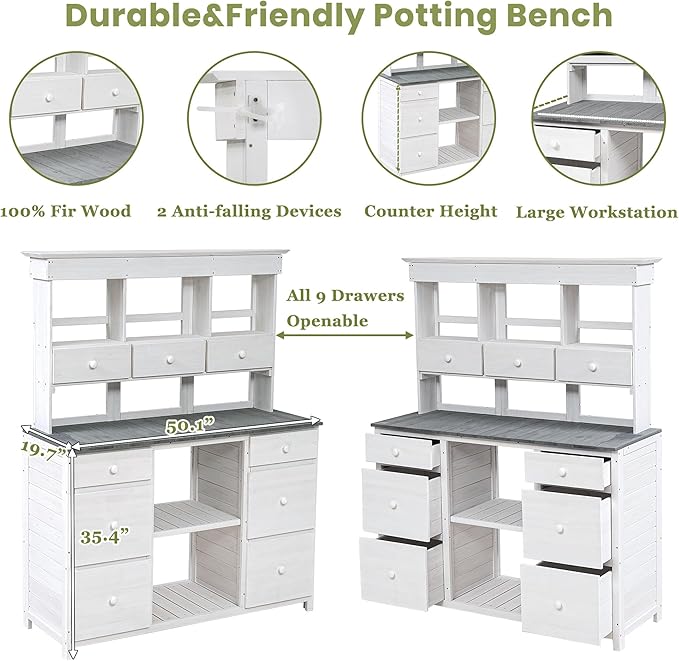 Garden Potting Bench Table, Rustic and Sleek Design Wood Outdoor Garden Work Bench with Multiple Drawers and Shelves for Storage,Patio Workstation for Garden, Patio, and Backyard (White+Gray#018)