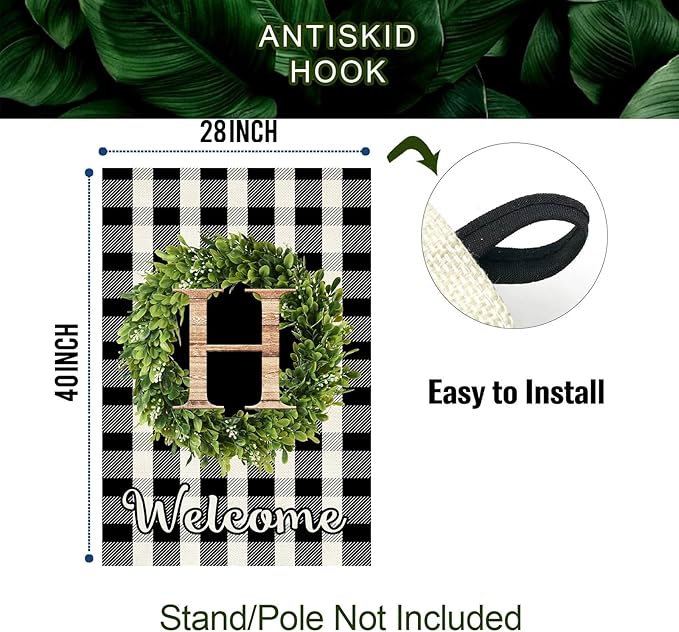 Baccessor Monogram Letter S Garden Flag 28 x 40 Inch, Buffalo Plaid Family Last Name Initial Boxwood Wreath Welcome Vertical Double Sided Large Flags for Outdoor Outside Decoration