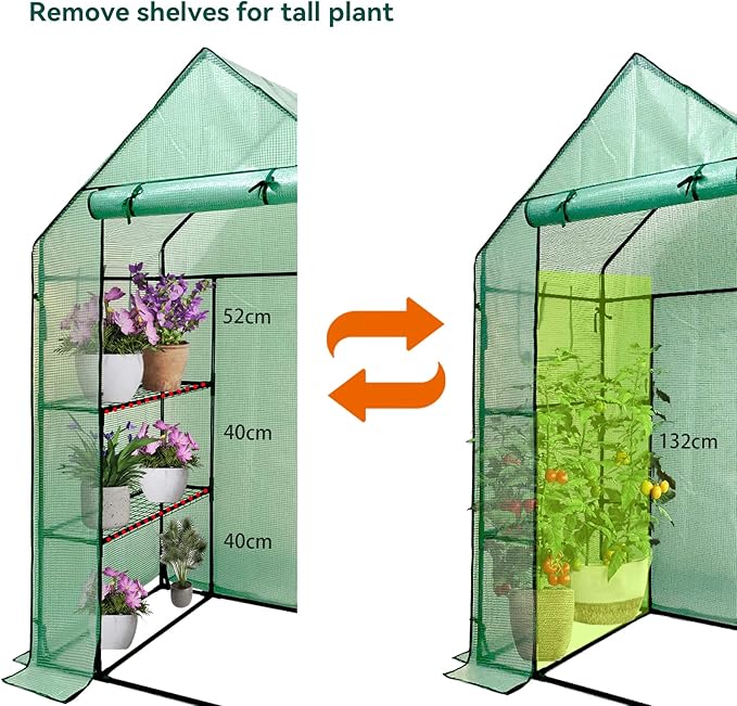 Walk in Greenhouse with Shelves,Walk-in Plant Plastic Green House with Windows Green PE Cover, 3 Tiers 6 Shelves Greenhouse Frame Stands with Ground Pegs & Ropes,56" L x 29" W x 77" H