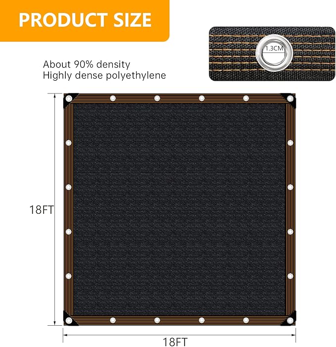 Shade-Cloth 85-90% for Garden Greenhouse Plants 18x18 FT, Black Sun-Block Shade Cover Mesh Tarp with Grommets Sun Shade Canopy for Outdoor Pergola Patio Flower Lawn Kennel Chicken Coop
