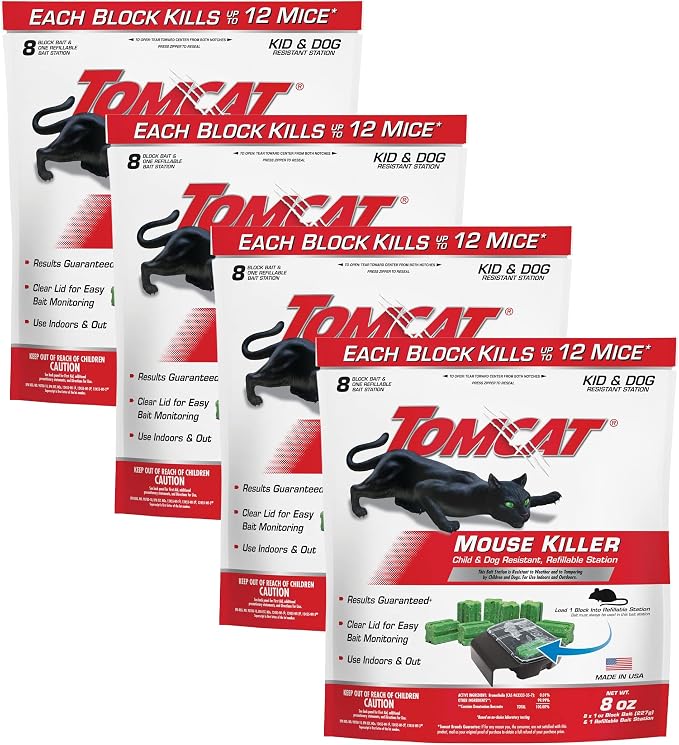 Tomcat Mouse Killer Child and Dog Resistant,Refillable Station for Indoor and Outdoor,1 Station-and 8 Bait Block Refills,(Pack of 4)