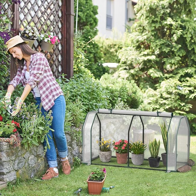 Giantex Mini Portable Greenhouse - for Raised Garden Bed, 47''x21.5''x24'' Outdoor Greenhouses with PE Cover, Roll-Up Zipper Door, Waterproof Plant Shelter for Garden Patio Lawn Vegetables & Flowers