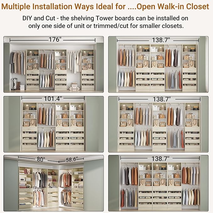 Aheaplus Closet System Set of 3, 138.5" Wood Closet Organizer System Tower with 12 Drawers & 4 Hanging Rods, 6.7+4.85Ft L Shaped Walk-in Closets Wardrobe Organizer Garment Rack with Shelf, White Oak3