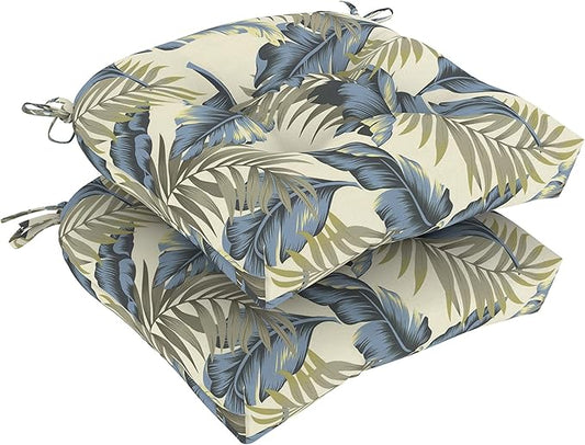 DYTXIII Set of 2 Outdoor Chair Cushions 19"x19"x4", Water Repellent Tufted Patio Seat Cushions with Ties, Thick Replacement Pads for Wicker Dining Chairs, Patio Furniture, Lush Palm Blue