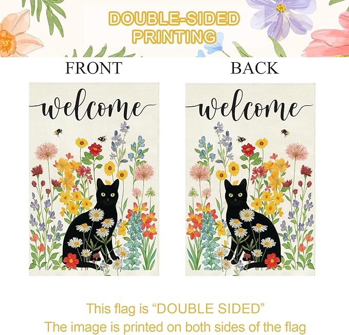 Baccessor Spring Summer Black Cat Garden Flag Double Sided 12.5 x 18 Inch Burlap with Clip and Stopper,Floral Flowers Welcome Flag Front Yard Lawn Seasonal Farmhouse Outside Outdoor Decoration