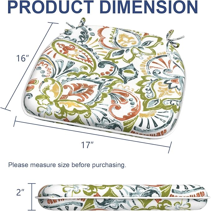 Outdoor 16"x17" Chair Pads Set of 4, Water Resistant Patio Chair Cushions with Ties, Seat Cushions for Home Garden Furniture Decoration, Paisley Botanical