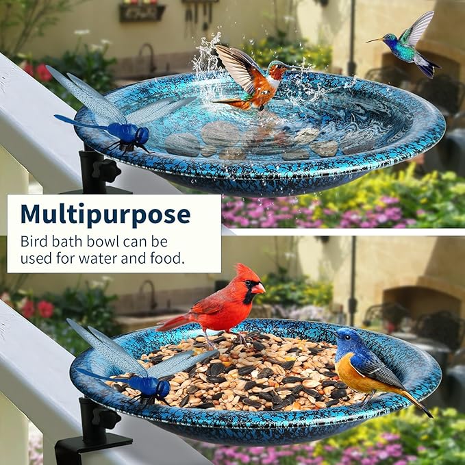 TIANCENTRAL H Deck Mounted Bird Bath for Outside, Detachable Birdbath Bowl with Sturdy Clamp,Easy Setup Outdoor Bird Feeder for Garden Patio Lawn Yard Decoration-11.5 Inch Blueblack